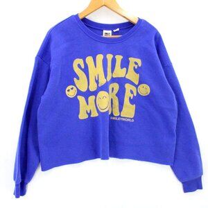 Smiley World Sweatshirt Womens Blue Pullover Cropped Big Logo Graphic Size M